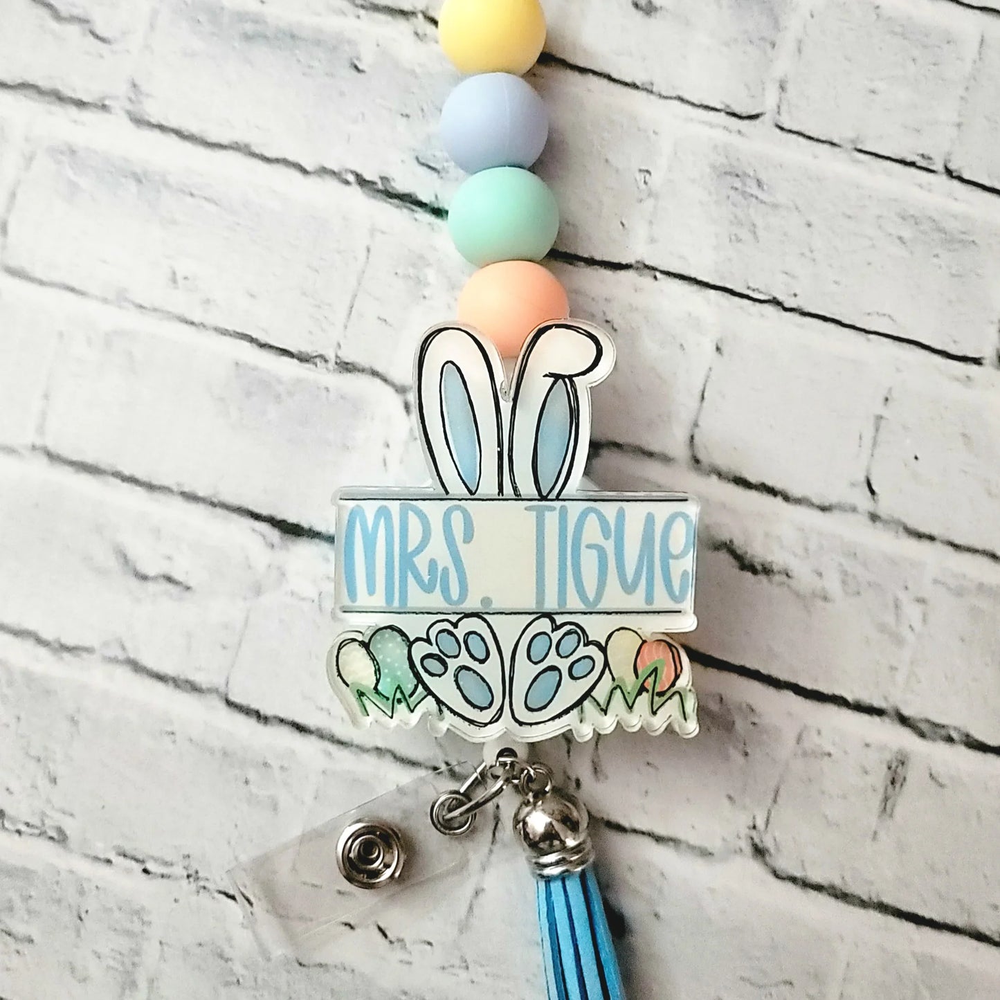 Handmade pastel beaded lanyard with bunny badge reel and tassel, unique teacher gift