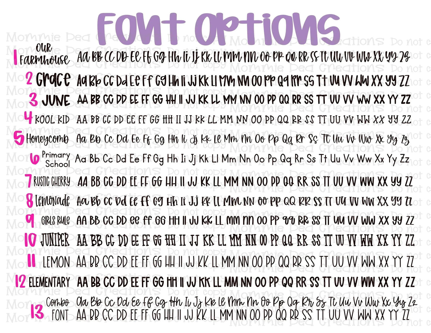 Colorful font options chart displaying 13 handwritten and playful script styles for handmade gifts
