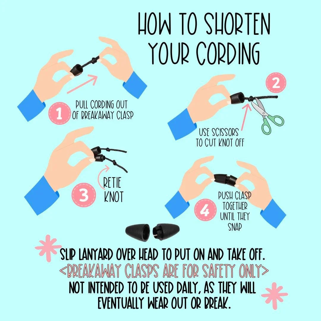 Step-by-step guide on how to shorten lanyard cording with breakaway clasp and scissors, handmade gift instructions from Mommie Peas Creations, colorful blue and pink illustration.