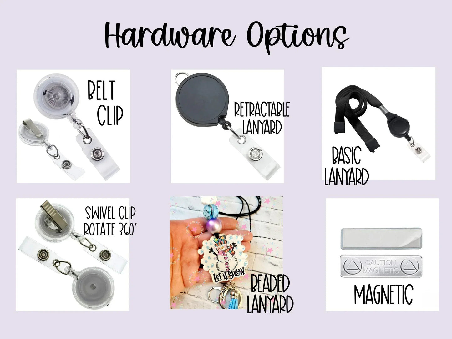 Various handmade lanyard hardware options in black, silver, and clear with colorful beaded design.