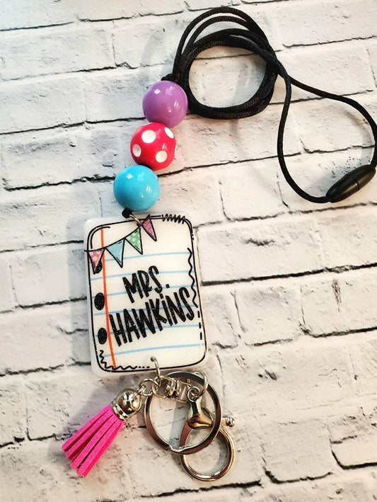 Handmade lanyard with colorful beads, teacher badge reel, pink tassel, custom gift