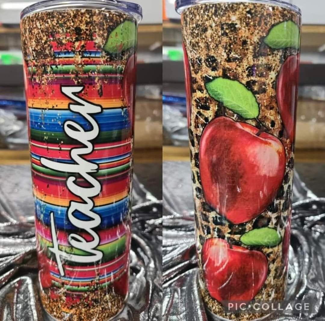Handmade tumbler with colorful stripes, leopard print, red apples, and teacher text gift