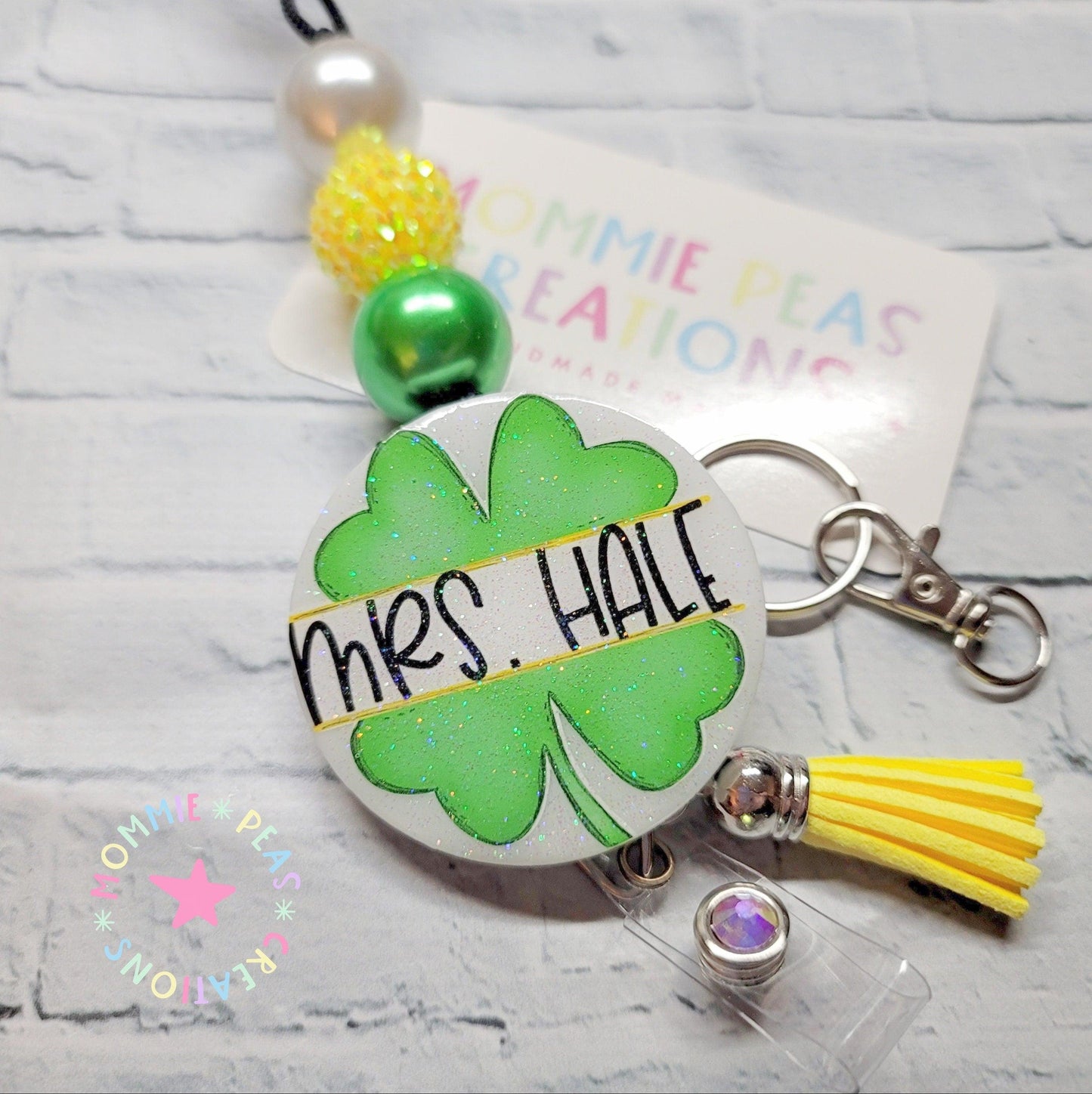 Personalized St Patricks Day Teacher Lanyard with Shamrock Badge Reel Breakaway ID Holder - Green Leprechaun Design - nurse lanyard - Mommie Peas Creations