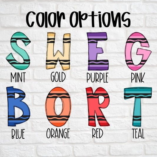 Handmade gift color options chart showing mint, gold, purple, pink, blue, orange, red, and teal letters on a white background.