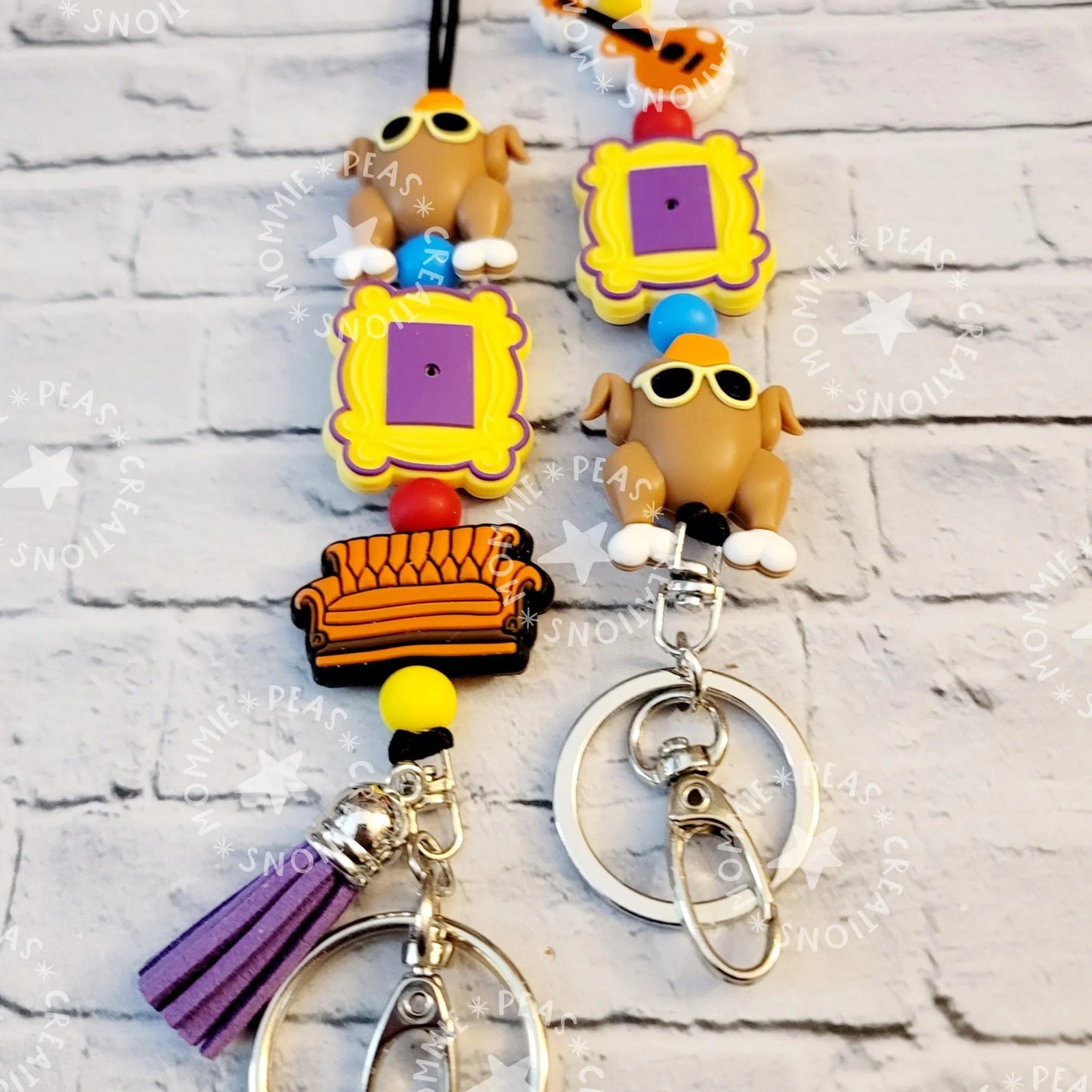 Handmade colorful keychains with cartoon frame, couch, turkey charms, and purple tassel, unique gifts