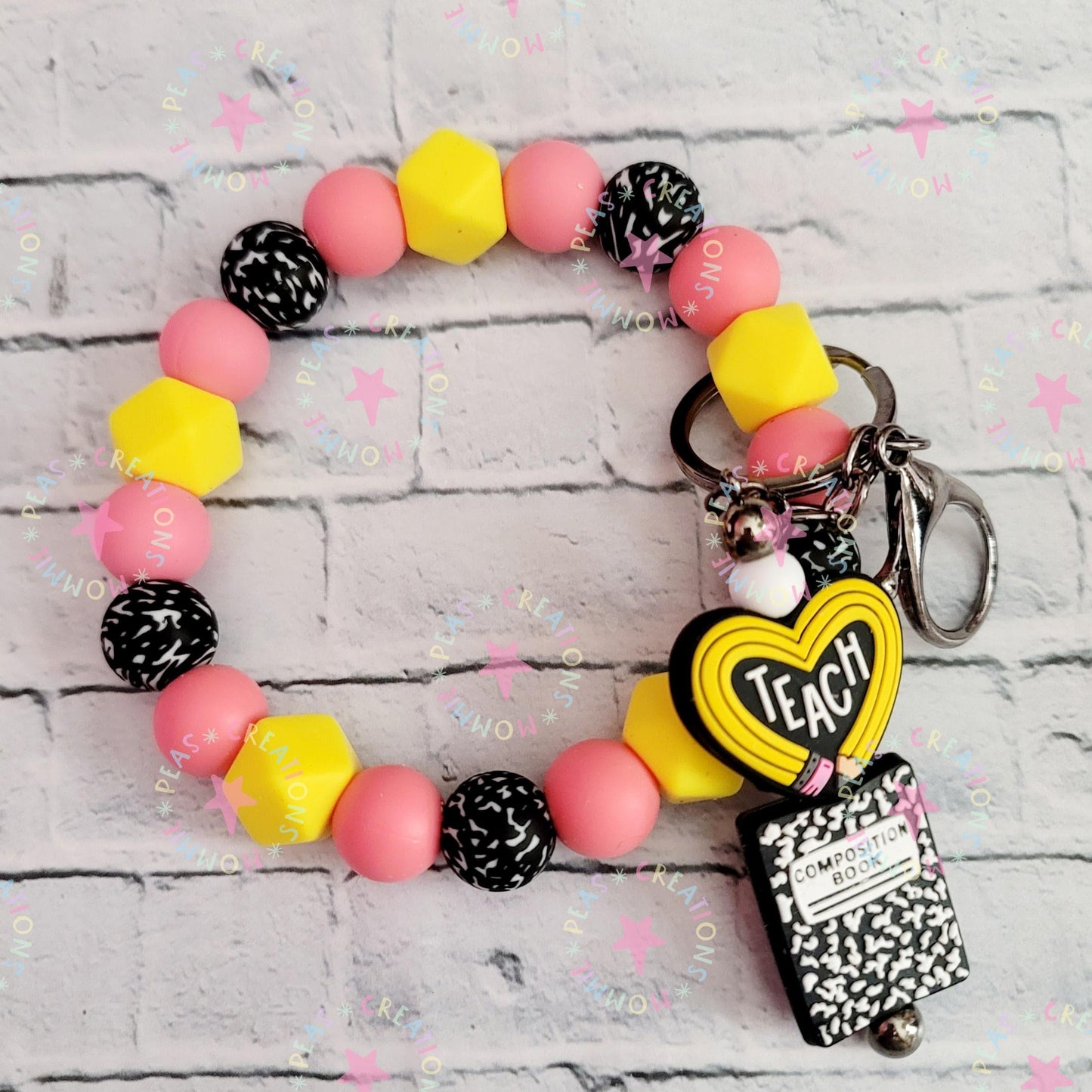 Teacher Gift Wristlet with Pencil Keychain - Yellow Pink Beads - Composition Book Design - Silicone - Stocking Stuffer - Mommie Peas Creations