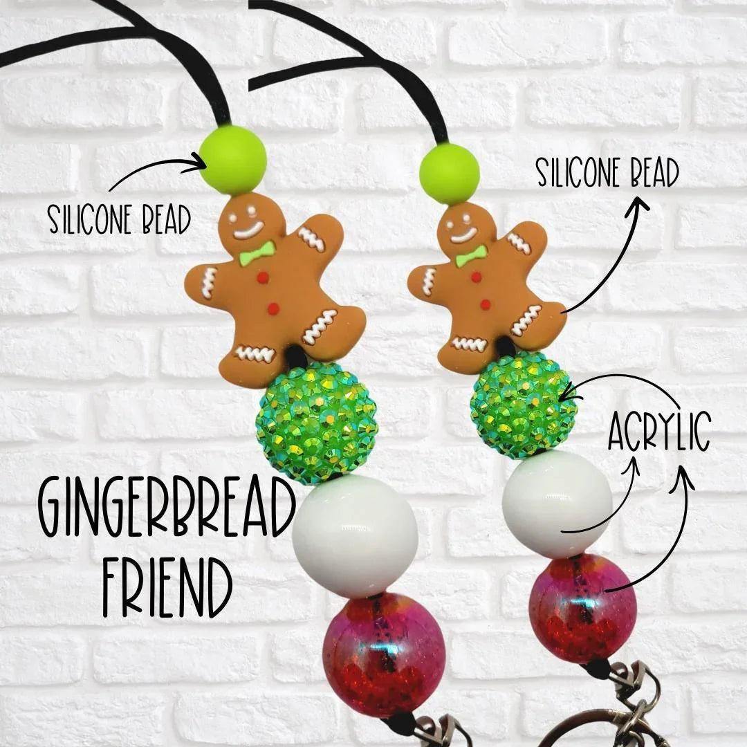 Handmade festive lanyards with gingerbread man charms, green silicone and acrylic beads, bright white and red beads, unique gift