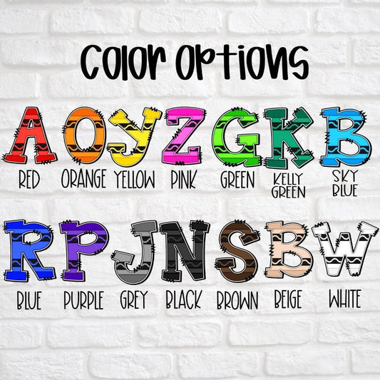 Handmade gifts color options chart with colorful letters on a white brick background.
