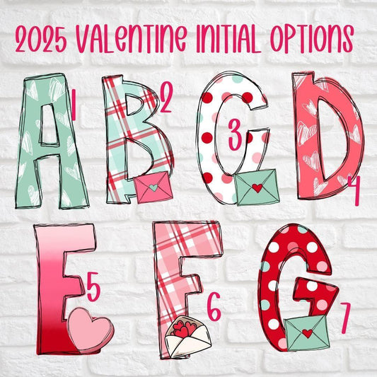Handmade Valentine initials with hearts, plaid, polka dots, and love letters in pastel colors
