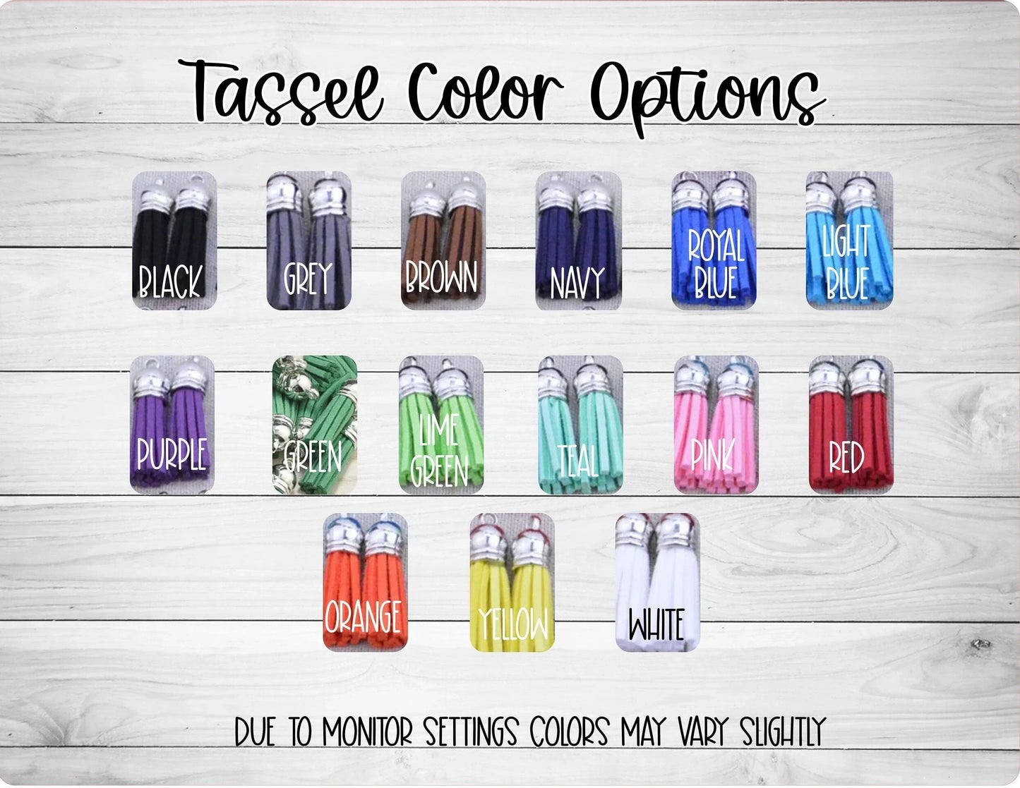 Handmade tassel color options in black, grey, brown, blue, green, pink, red, orange, yellow, and white.