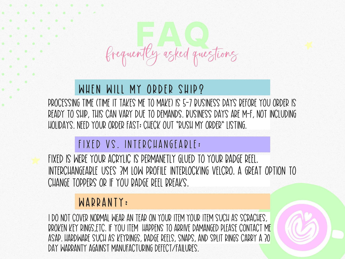 FAQ page with pastel colors explaining order shipping, fixed vs interchangeable badge reels, and warranty details