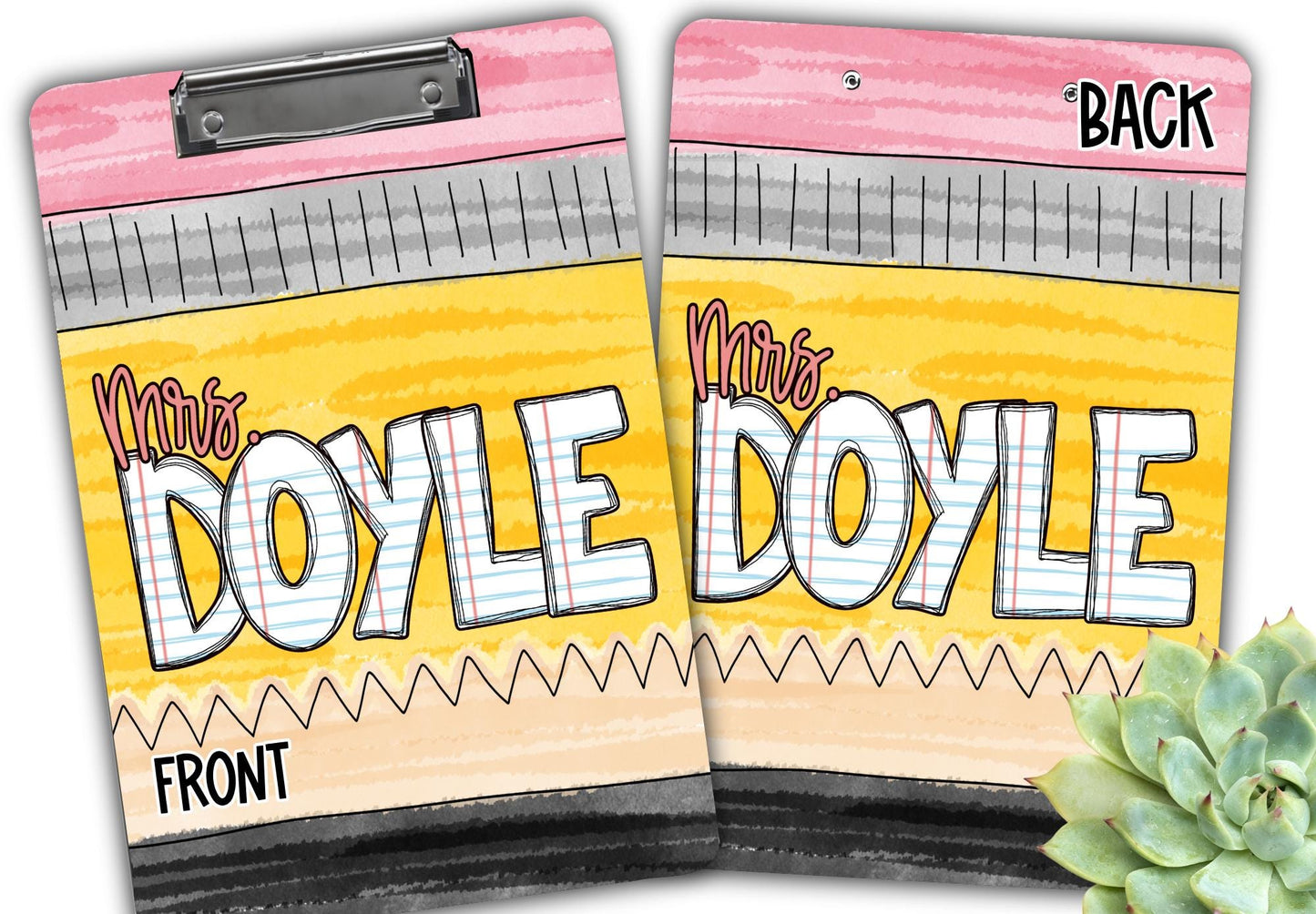 his is such a vibrant and eye-catching design! The pencil-themed background with the notebook-style name letters gives it a fun and personalized touch that teachers will love.