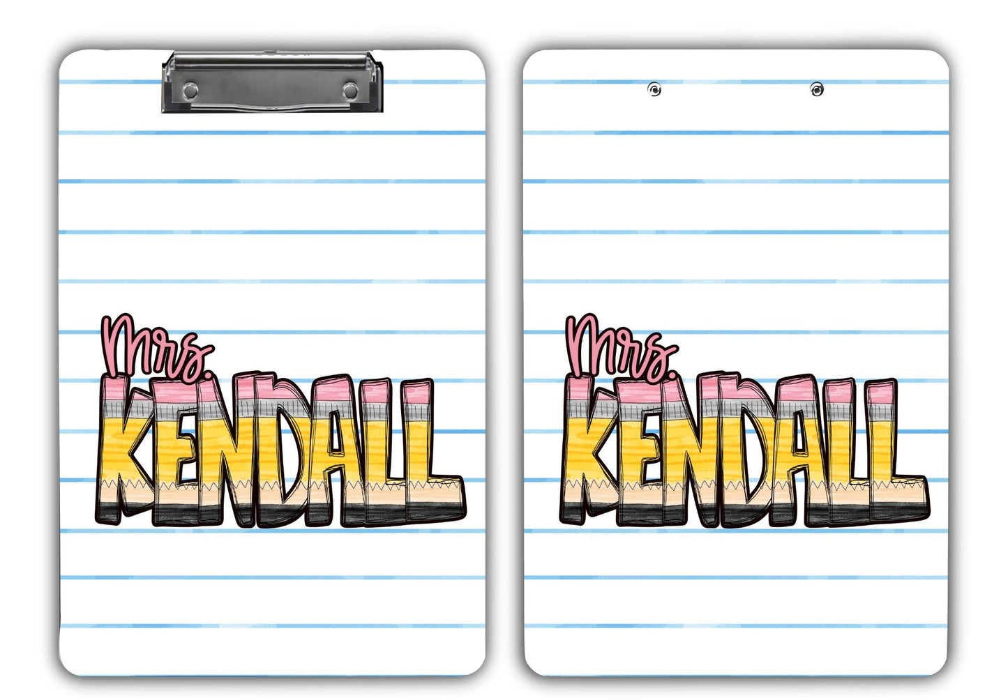 A personalized teacher clipboard featuring a paper-inspired background with blue horizontal lines, resembling notebook paper. The custom name "Mrs. Kendall" is displayed in colorful pencil-themed letters. The clipboard is shown from both the front and back, with the same playful and vibrant design on each side. This creative design makes it an ideal gift for teachers or educators.