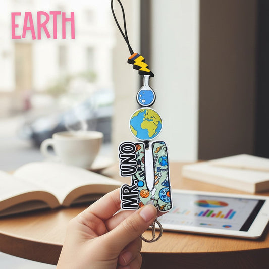 Mommie Peas Creations Earth science lanyard with planet Earth, flask, and lightning bolt charms. Features "MR. UNO" personalization.