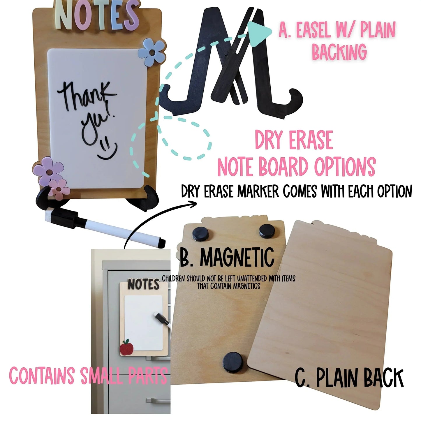 Mommie Peas Creations handmade dry erase notes board with pastel lettering and flower accents. Includes easel, magnetic, or plain back options.