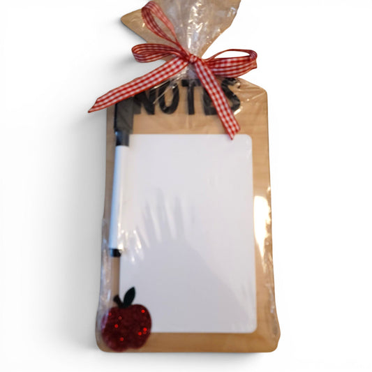 Glitter apple dry erase pad wrapped in gift packaging — a handmade teacher appreciation gift from Mommie Peas Creations