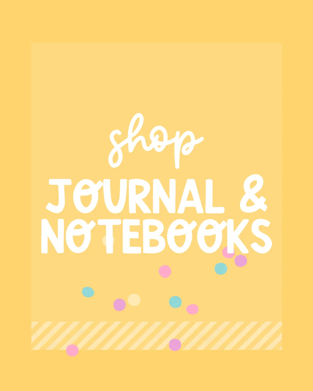 Yellow background with colorful confetti, text promoting handmade journals and notebooks gifts.