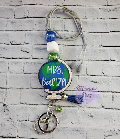 Personalized Globe Teacher Lanyard | Holographic Glitter Badge Reel with Tassel