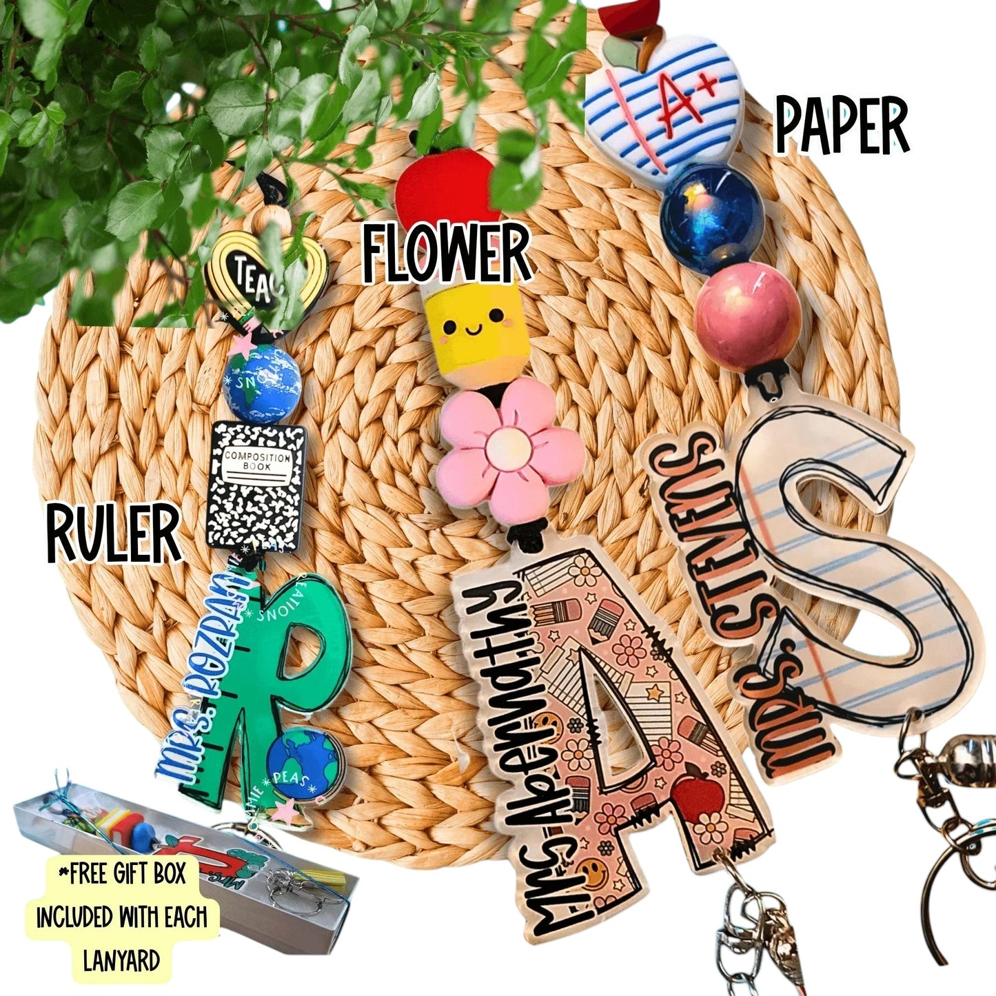 Colorful handmade teacher lanyards with ruler, flower, and paper charms, unique gift idea