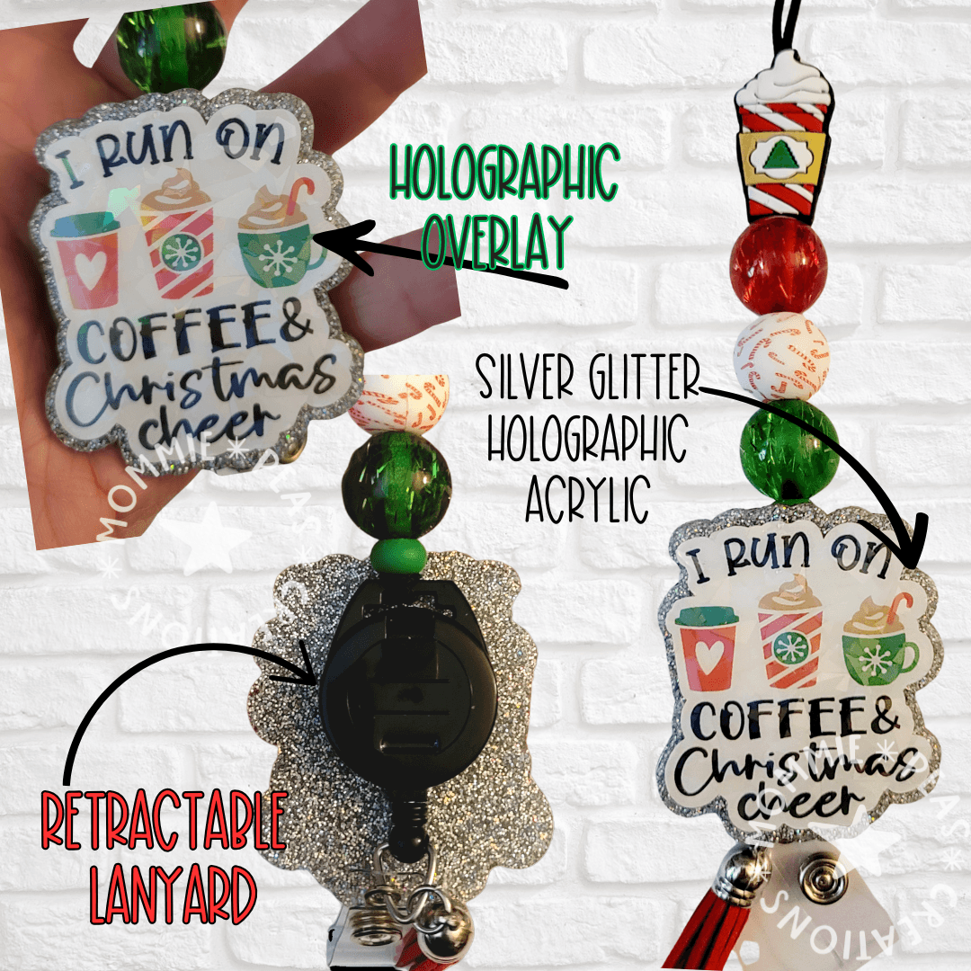 Christmas Cheer Coffee Lanyard with Beads - Candy Cane Id Holder for Holidays - Run on Coffee for Teachers and Nurses - Glitter Design - Mommie Peas Creations