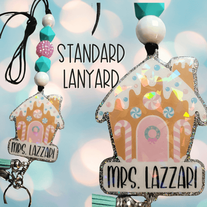 Standard lanyard with personalized gingerbread house charm labeled Mrs. Lazzari on beaded necklace