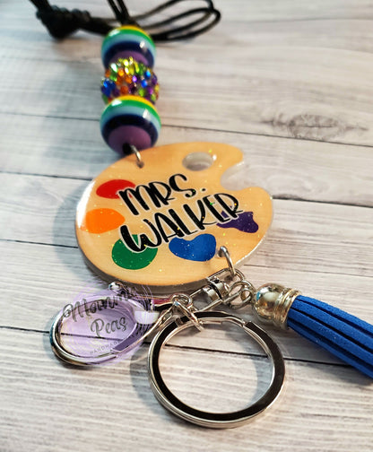 Handmade colorful paint palette lanyard keychain with blue tassel and beads, personalized gift