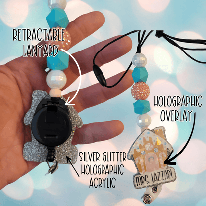 Hand holding silver glitter holographic acrylic lanyard with retractable reel and colorful beads