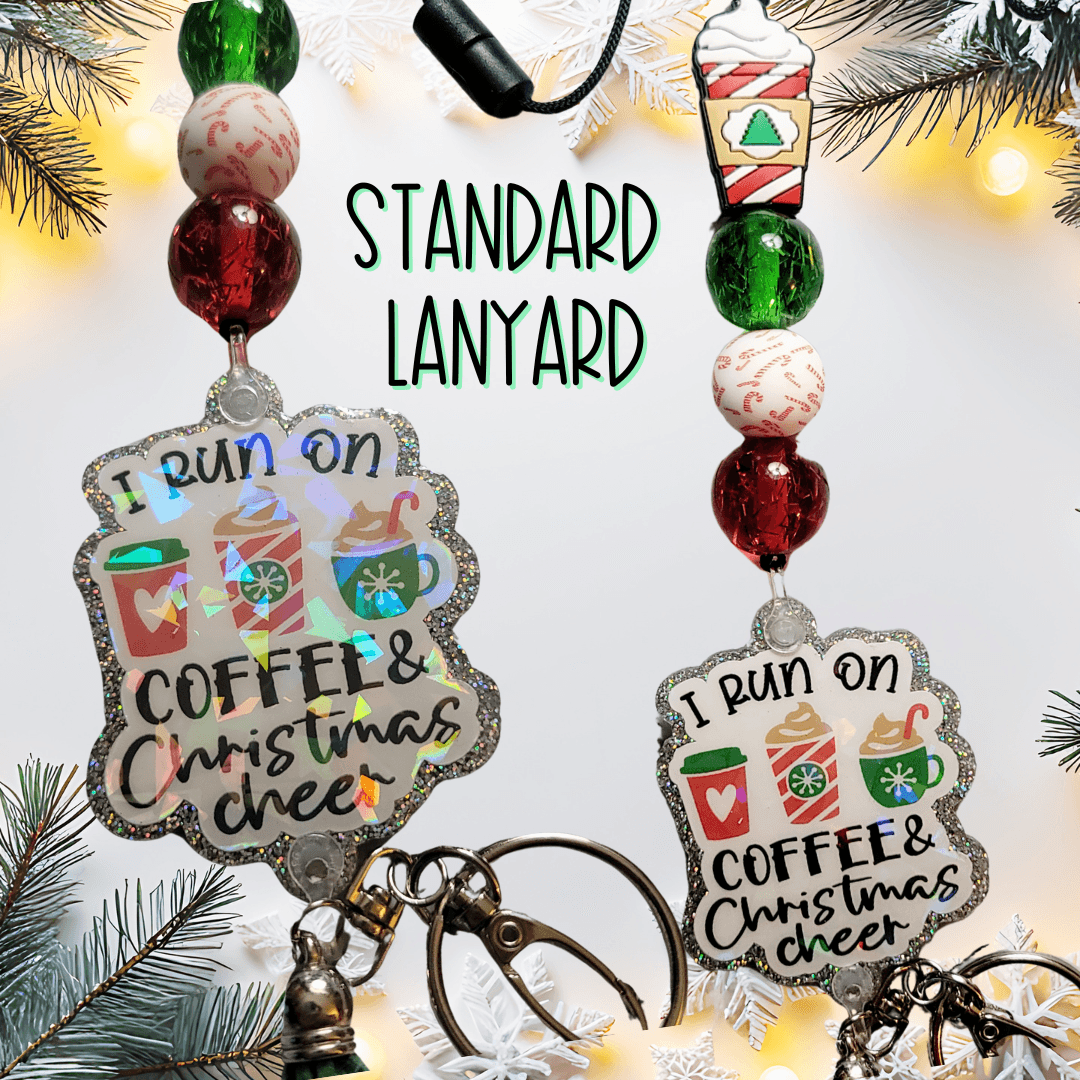 Christmas Cheer Coffee Lanyard with Beads - Candy Cane Id Holder for Holidays - Run on Coffee for Teachers and Nurses - Glitter Design - Mommie Peas Creations