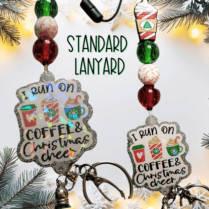 Holiday-themed standard lanyards with beads and coffee Christmas cheer charms
