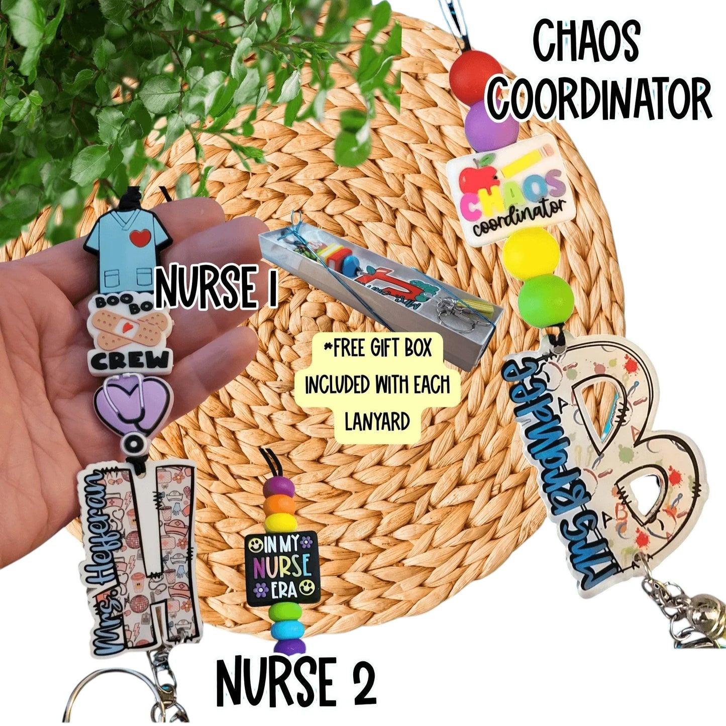 Colorful handmade nurse and teacher-themed lanyards and badge reels, gift-ready, with cheerful beads.