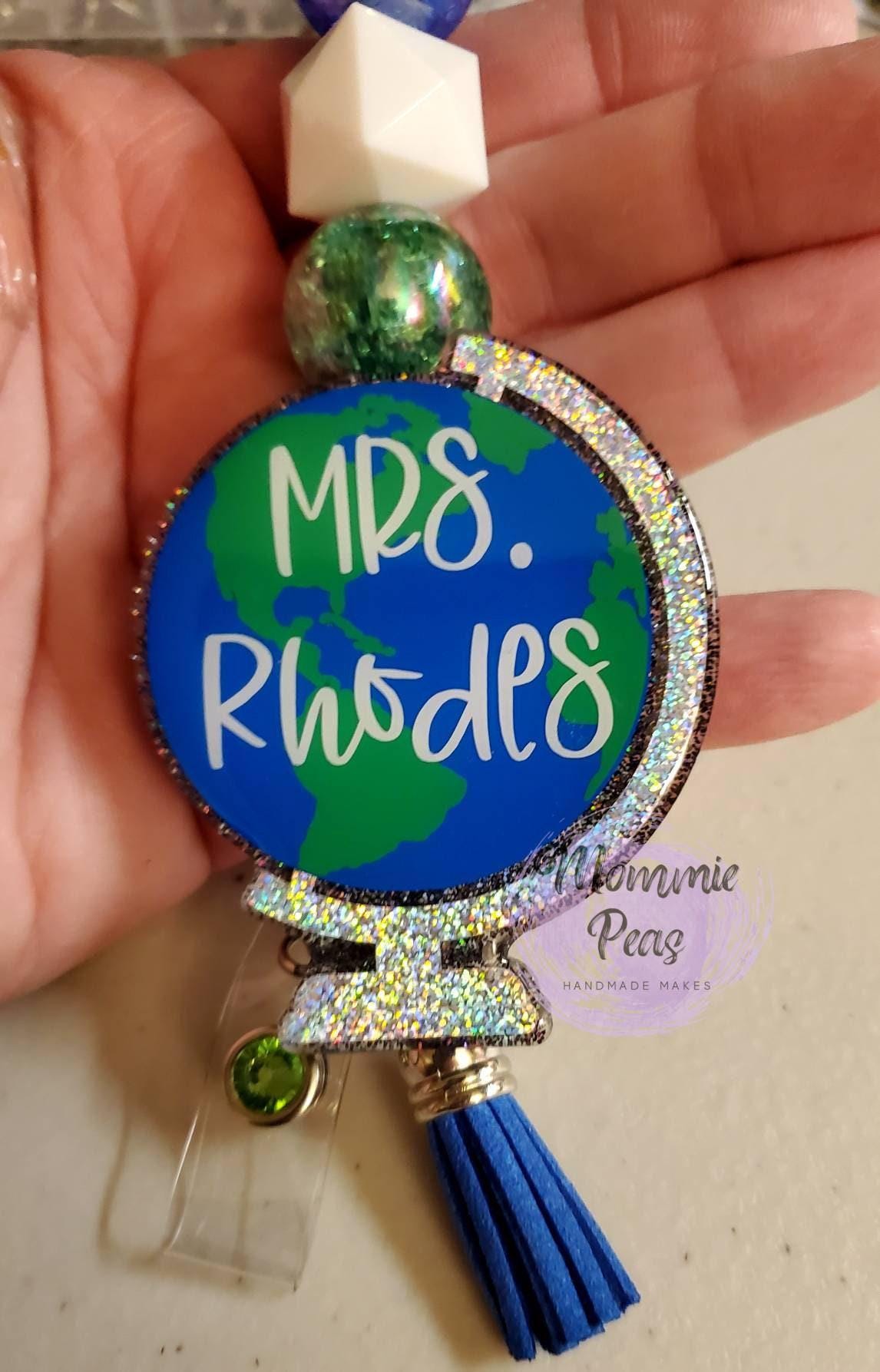Personalized Globe Teacher Lanyard | Holographic Glitter Badge Reel with Tassel