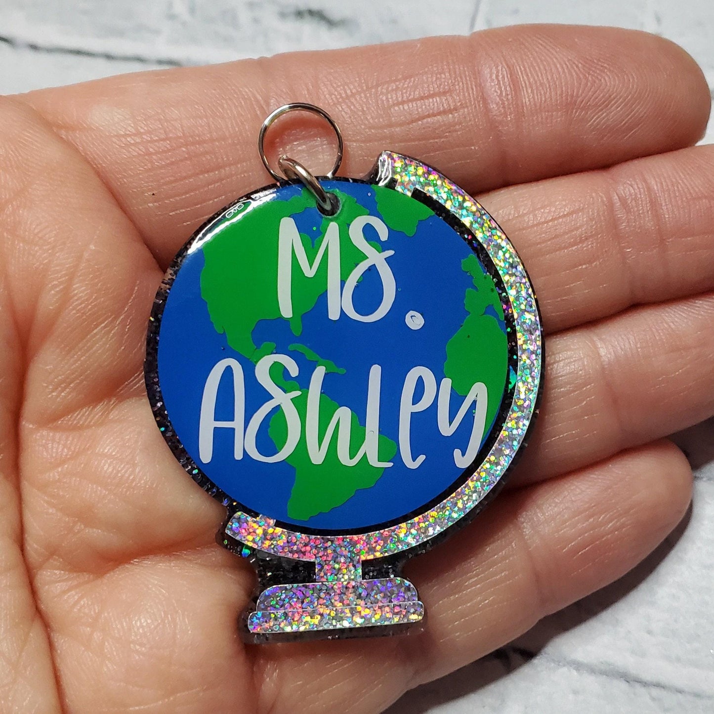Personalized Globe Teacher Lanyard | Holographic Glitter Badge Reel with Tassel