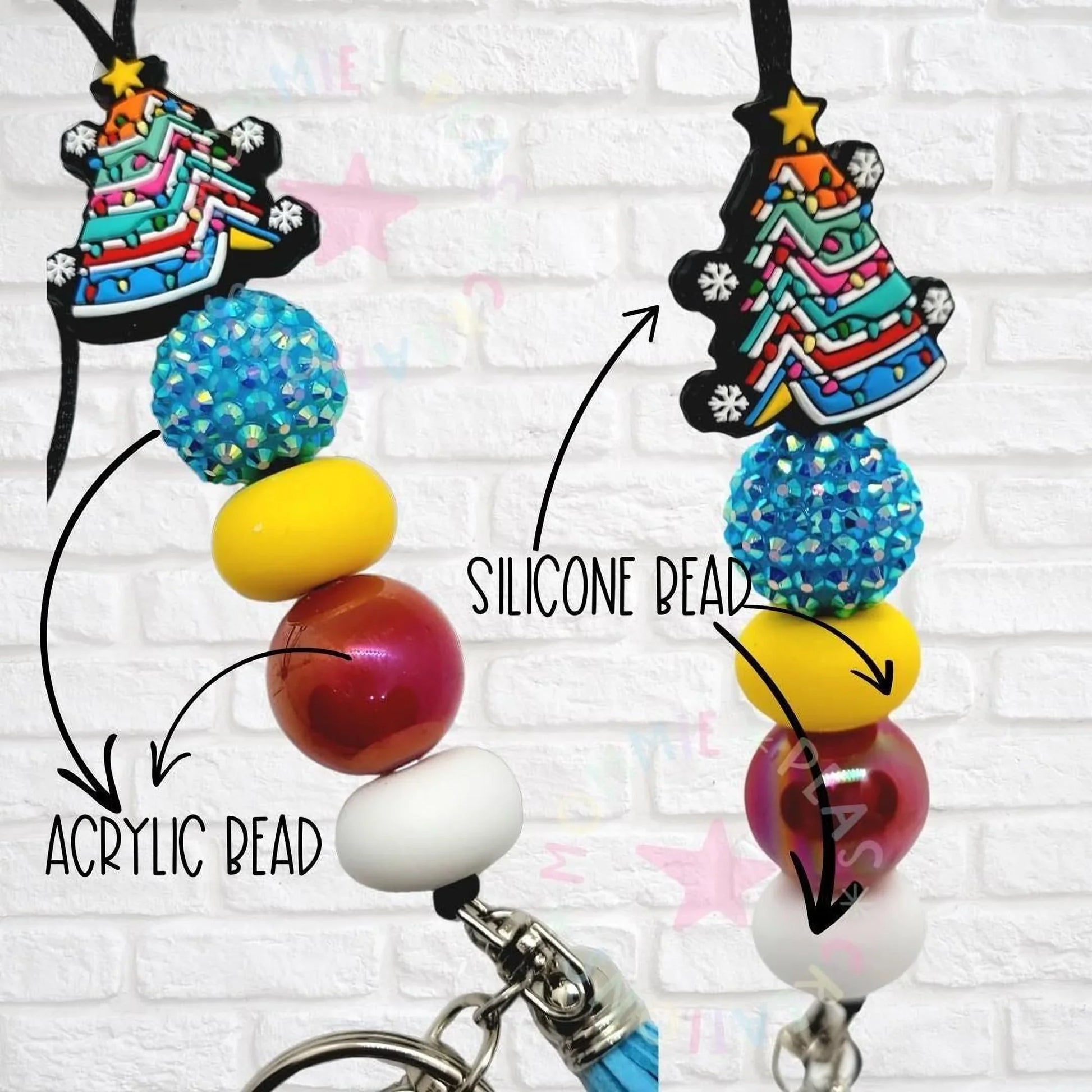 Colorful handmade beaded lanyard with festive Christmas tree charm, blue, yellow, red, and white beads.