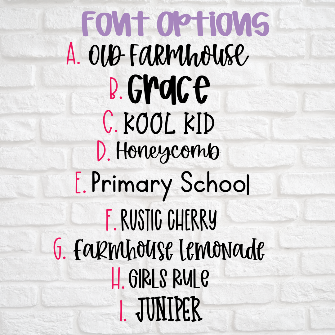 a white brick wall with a list of font options