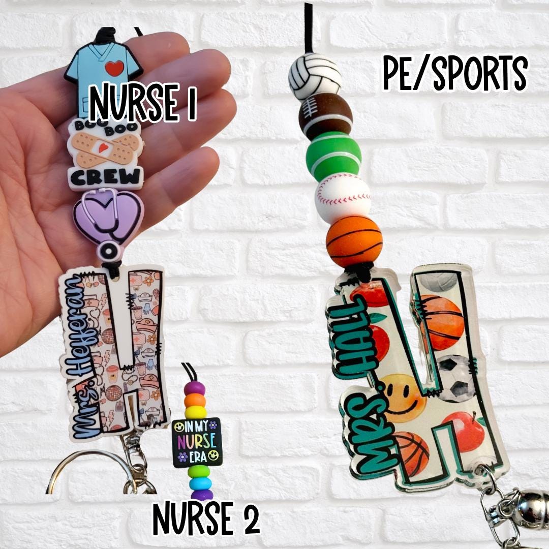 Personalized teacher lanyards with custom acrylic monograms and school-themed designs. Styles include 'Math' with a calculator and ruler charm, 'Science' featuring a beaker and atom charm, and 'PE/Sports' with basketball, soccer, and football details. Each lanyard has colorful silicone beads, a breakaway clasp. A perfect accessory for teachers, educators, and school staff who love functional and fun designs