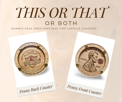 Beige handmade penny-themed coasters featuring engraved coin designs, unique gift idea