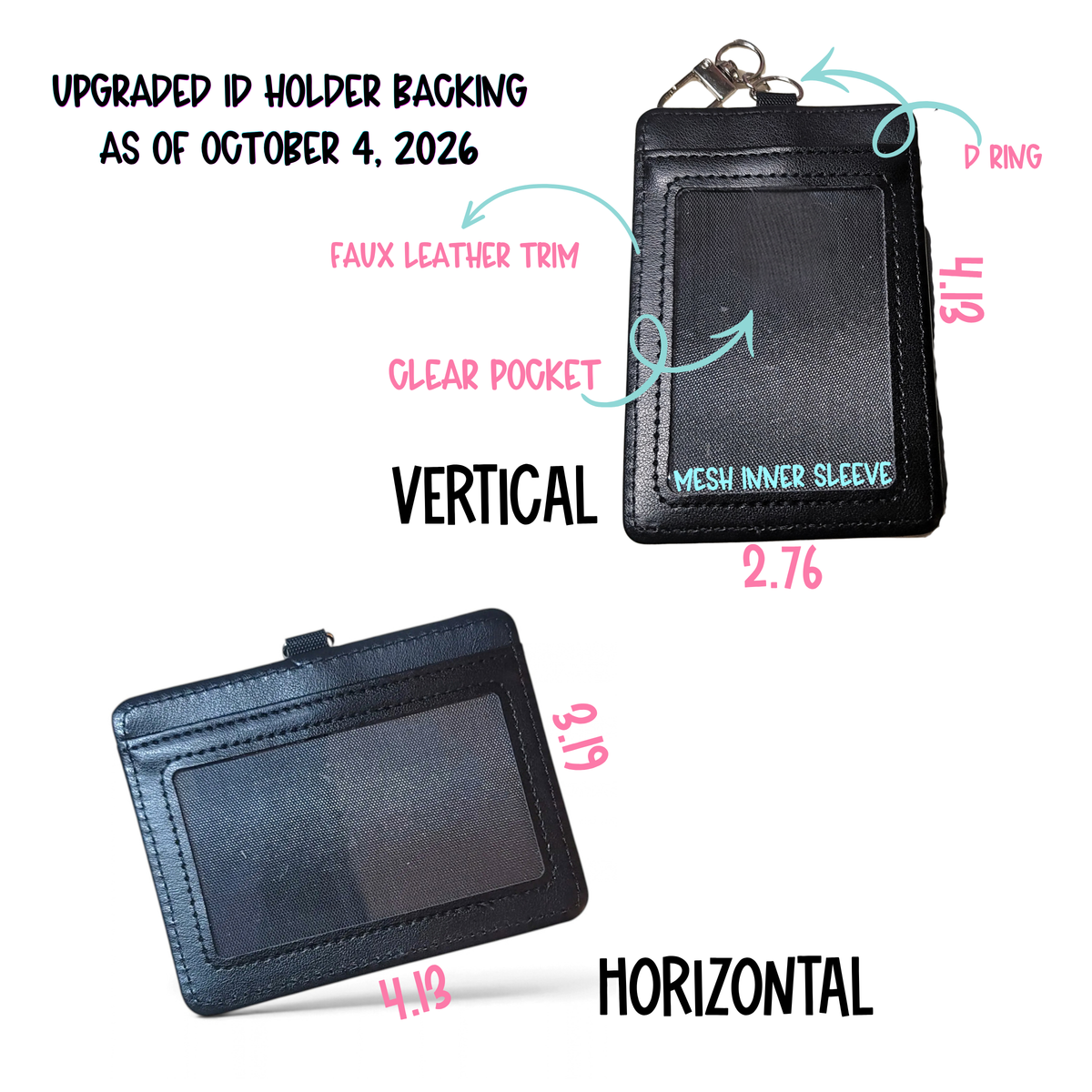 Black faux leather ID holder wallet shown in vertical and horizontal orientations on a white background, with text labels pointing to features like the clear pocket, mesh inner sleeve, faux leather trim, and P ring, plus size measurements.