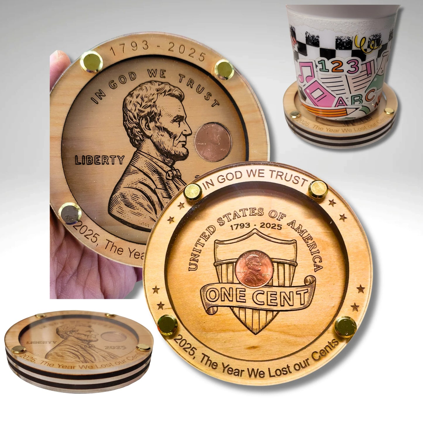 Handmade wooden penny coasters with engraved coin design, brass accents, and real penny inset.