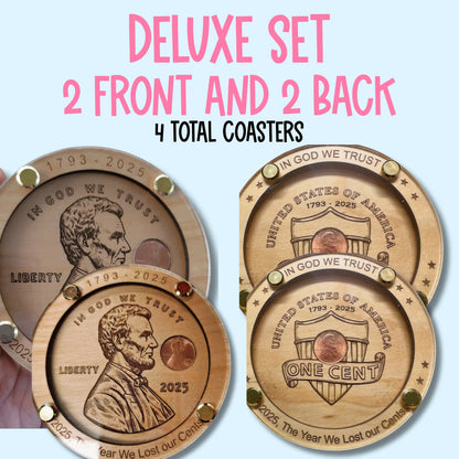 Handmade wooden coasters with engraved penny designs, natural wood and copper tones, deluxe gift set