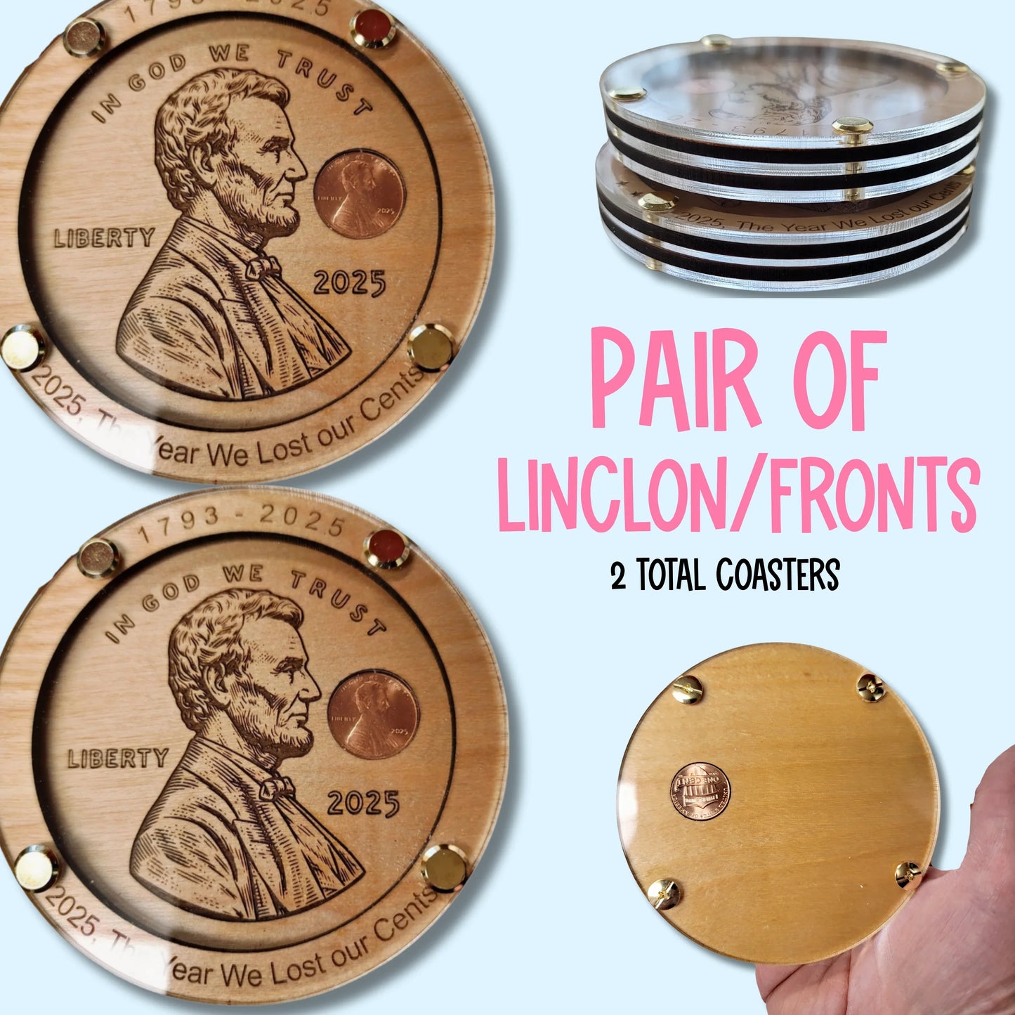 Handmade wooden coasters with engraved Abraham Lincoln penny design and brass accents, set of two gifts.