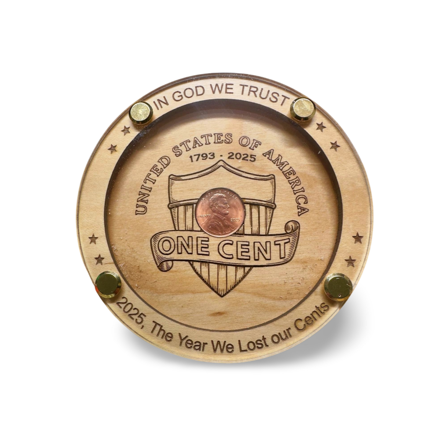 Handmade wooden penny coaster with engraved shield design, brown tones, unique gift