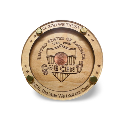 Handmade wooden penny coaster with engraved shield design, brown tones, unique gift