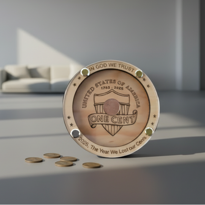 Handmade wooden penny shield display with engraved text and scattered pennies, warm brown tones