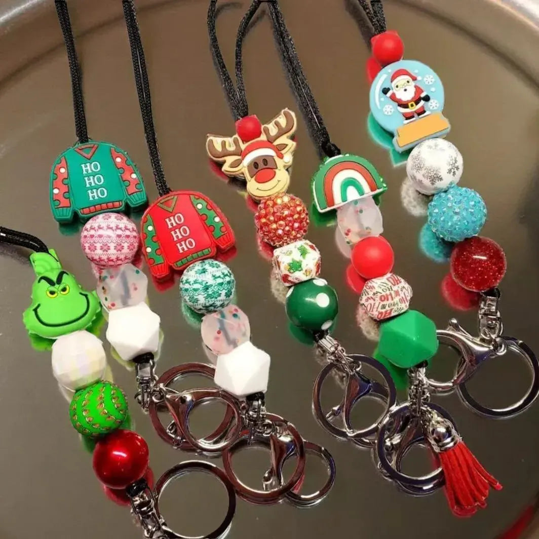 Christmas Teacher Lanyard – Beaded ID Holder with Breakaway Clasp & Festive Silicone Beads