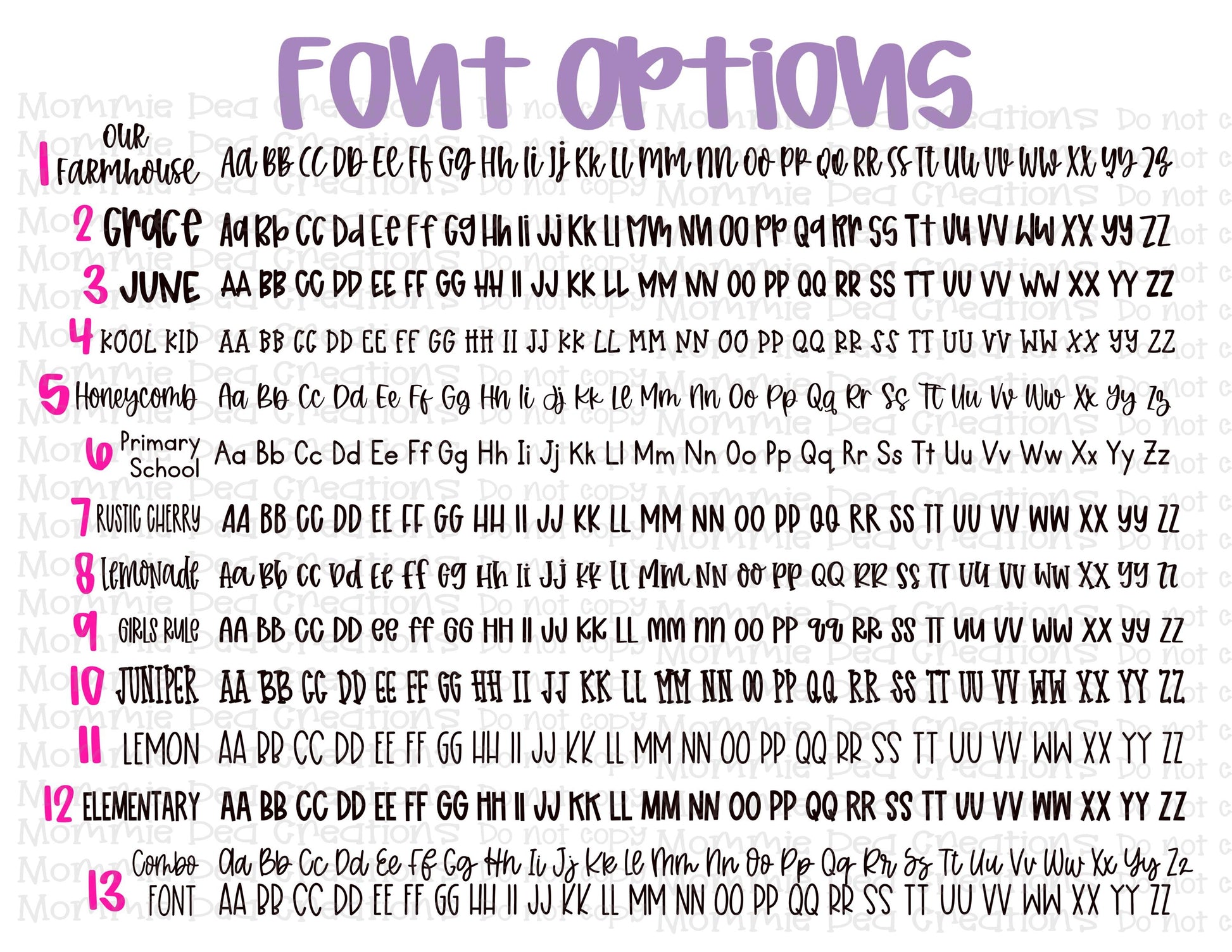 Font options displayed with different styles and names.