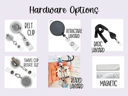 Six hardware options for badge holders including belt clip, retractable lanyard, basic lanyard, swivel clip, beaded lanyard, and magnetic