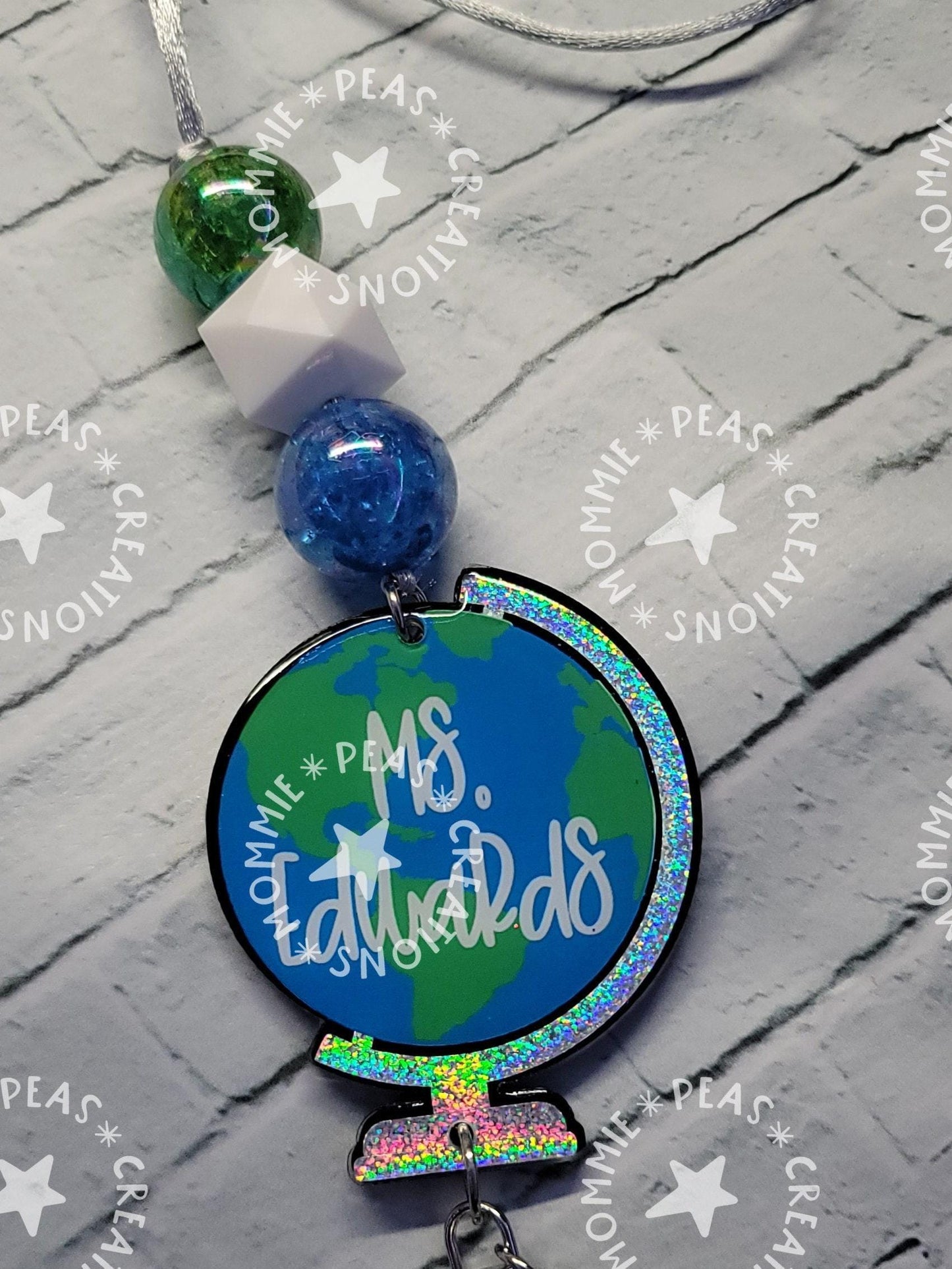 Personalized Globe Teacher Lanyard | Holographic Glitter Badge Reel with Tassel