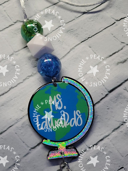 Personalized Globe Teacher Lanyard | Holographic Glitter Badge Reel with Tassel
