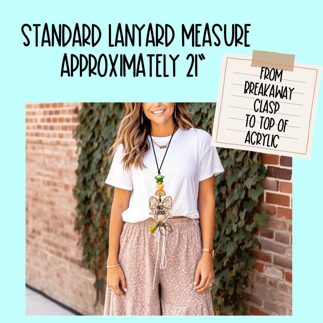 Woman wearing a 21-inch standard lanyard with colorful charms and acrylic bow keychain