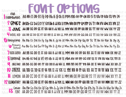 Font options chart showing 13 handwriting styles with uppercase and lowercase letters in black text on white background